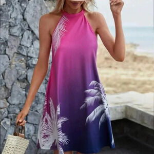 LUNE Tropical Print Ombre Halter Neck Dress